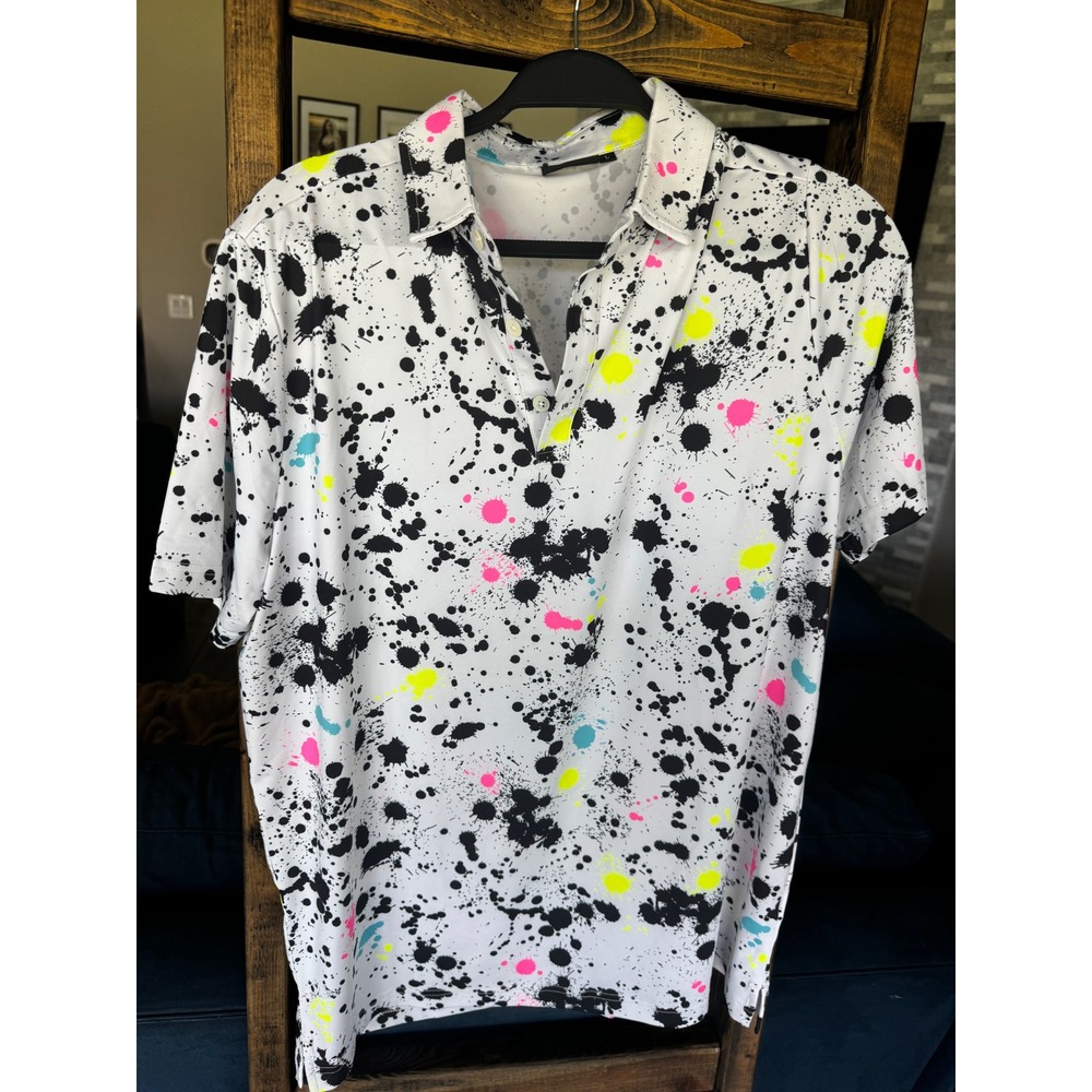 Sunday Swagger Mens Paint Splatter Golf Polo Shirt Neon Pink Yellow White Large